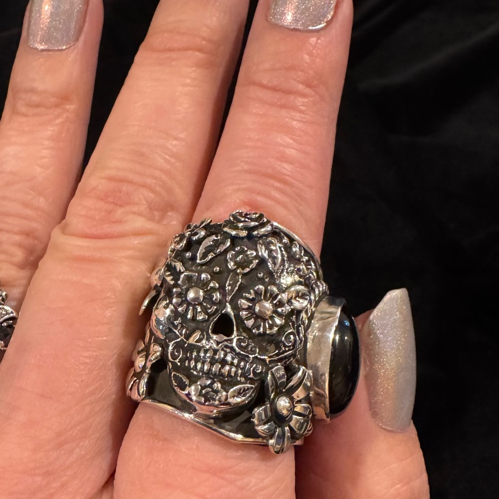 Sterling Silver and Onyx Floral Skull Ring by Native American Artist JC Vega. 10